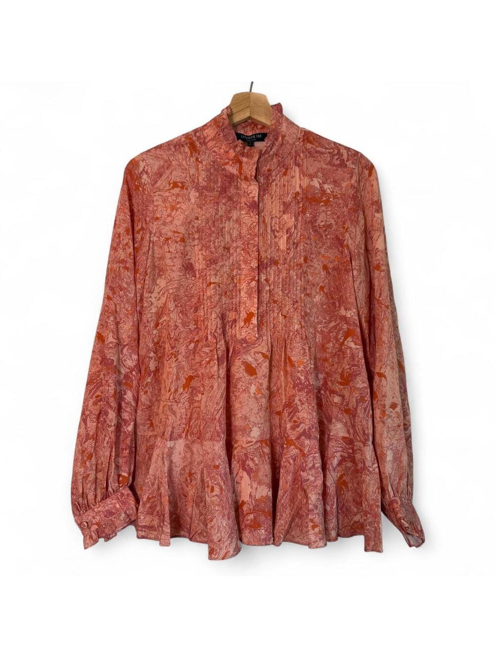 Lafayette 148 New York Women's Coral Marbled Silk Ruffle Blouse size Small